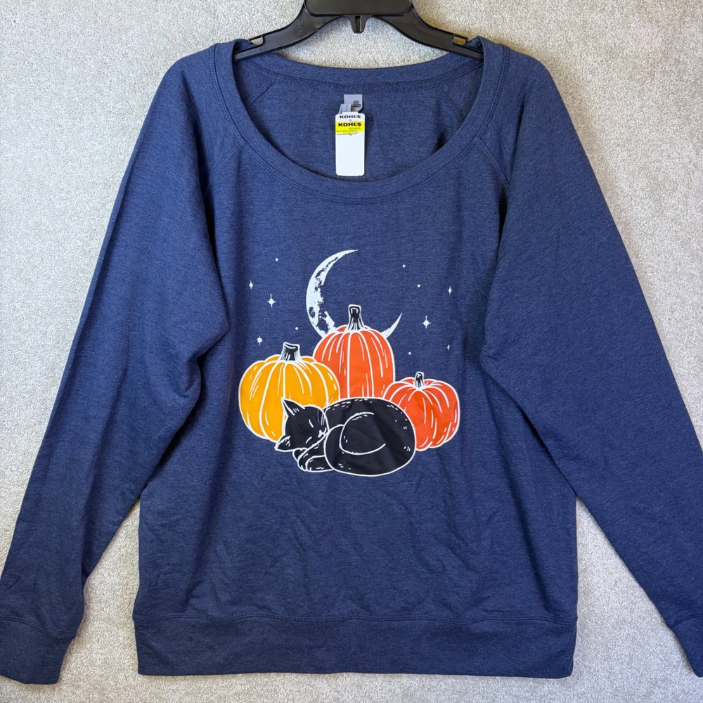 Halloween Sweatshirt Ladies 2XL Instant Message Blue Black Cat Pumpkin Harvest